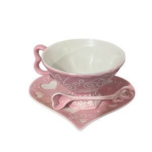Valentines Gift this Beautiful Pink Heart Teacup, Saucer & Spoon Set